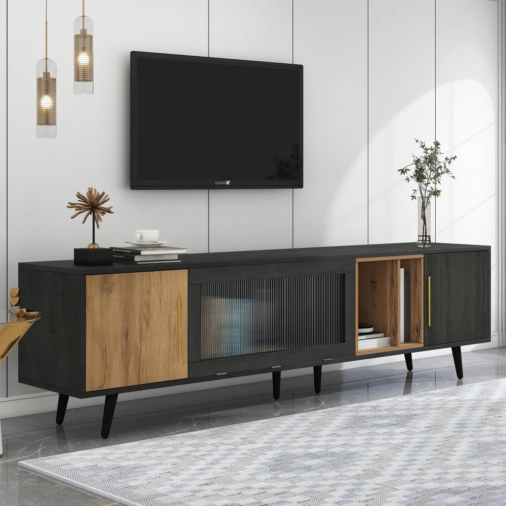 200cm Dark Wood TV Stand with Frosted Glass Doors and Cable Management | Fits up to 90 Inch TV