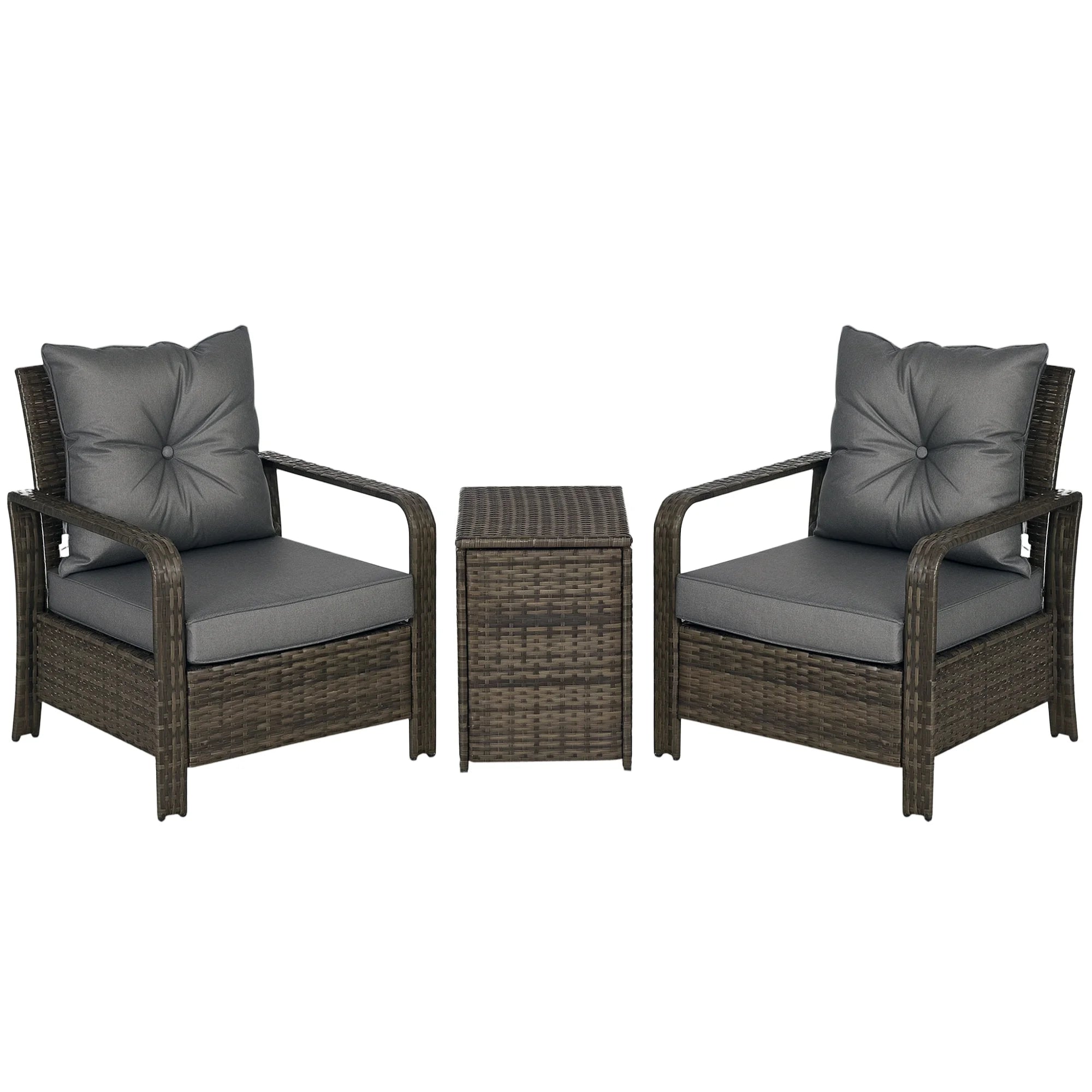 3 Piece PE Rattan Garden Sofa Set with 2 Armchairs Storage Coffee Table and Cushions for Outdoor Patio and Garden