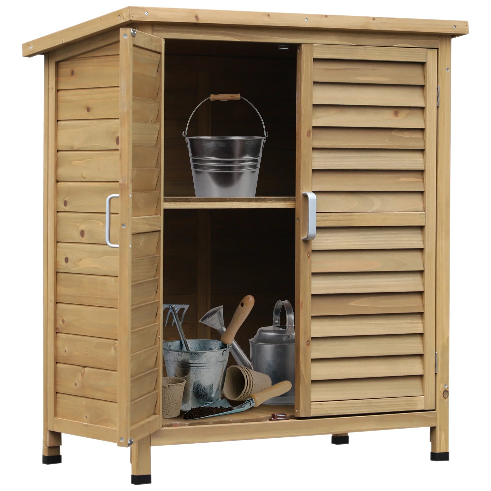 Wooden Garden Storage Cabinet with Slatted Doors, 2 Shelves and Weatherproof Felt Roof