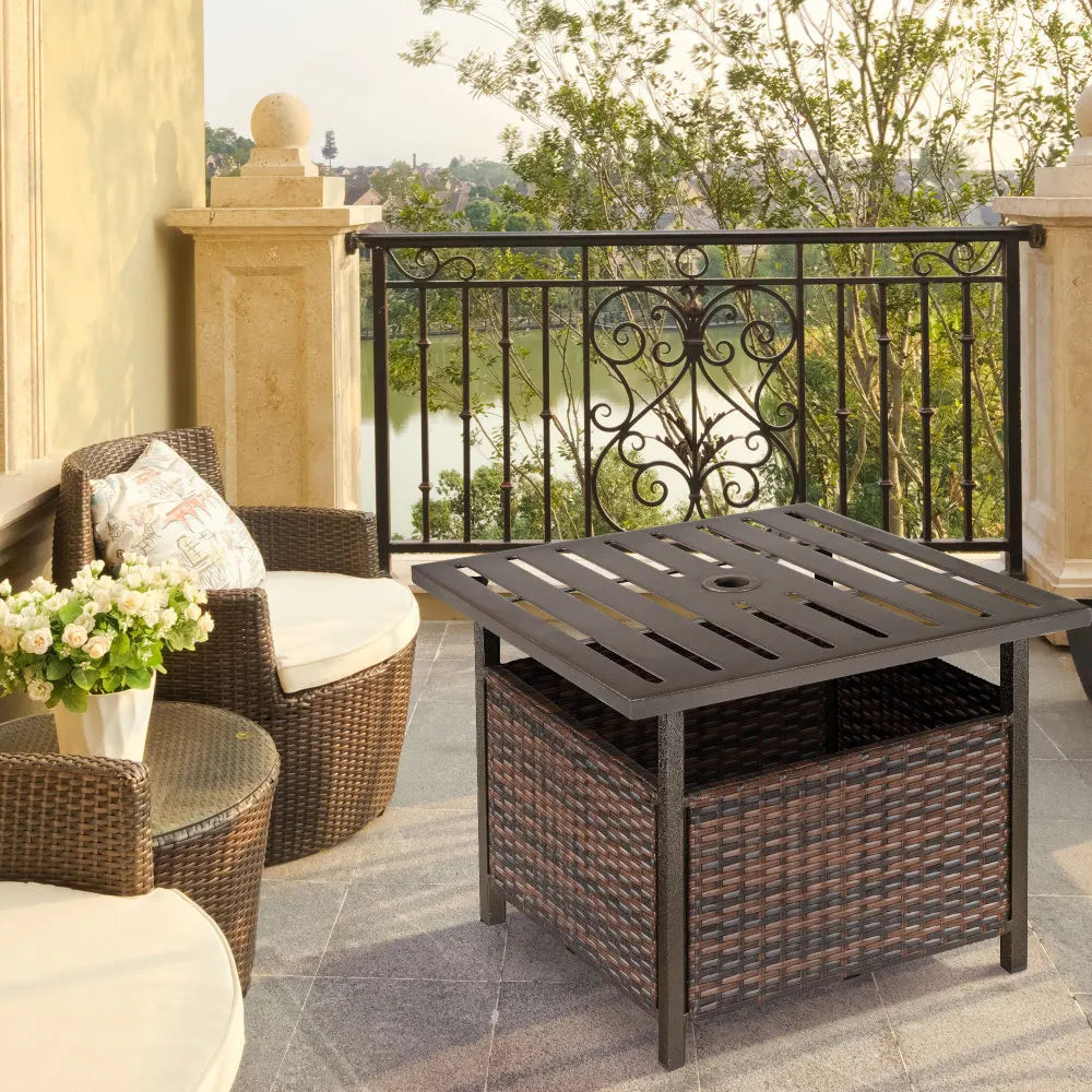 Rattan Garden Coffee Table 55.5cm Square with Umbrella Hole Storage Box Powder Coated for Patio Balcony Brown
