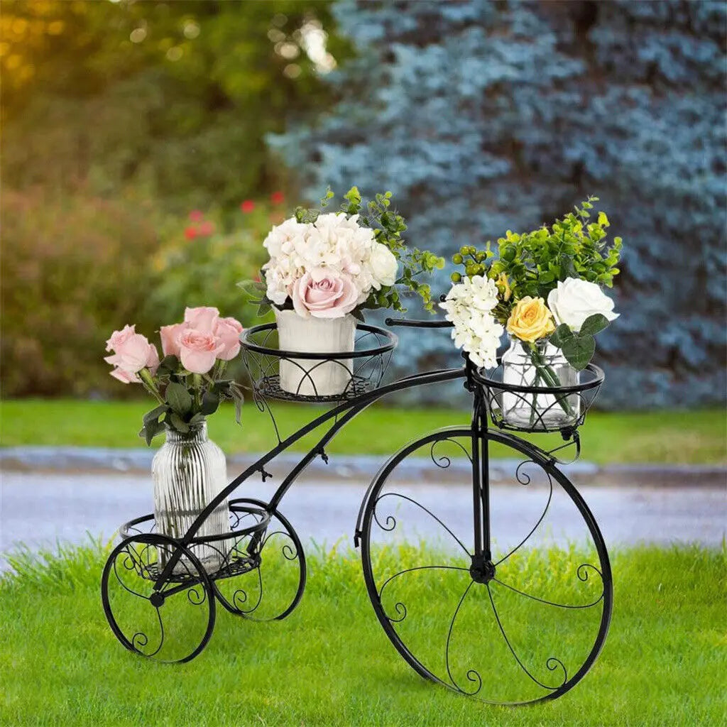 3 Tier Bicycle Shaped Iron Plant Stand 79.5x52cm 28kg Capacity Black for Living Room Garden Patio Balcony