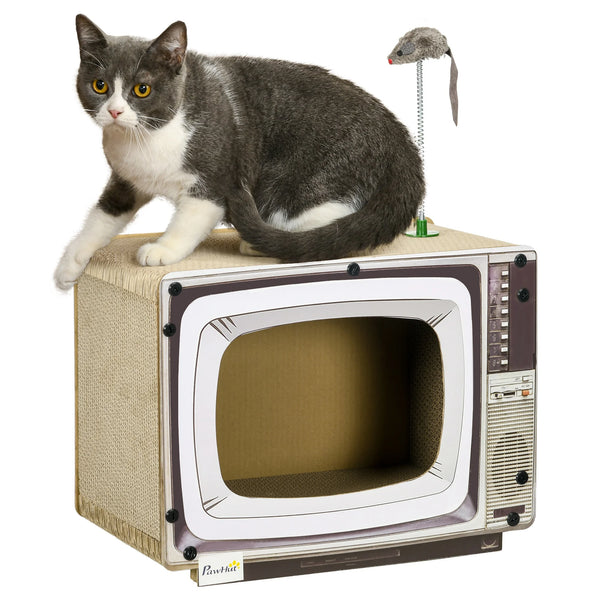 TV-Shaped Cardboard Cat House and Scratcher with Toy Mouse and Catnip