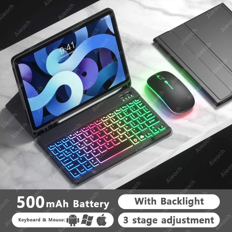 AIEACH Ipad Case Keyboard for Pro 13 M4, 12.9 3-6Th, 11 1-4Th, Air 13/11 M2/M3, Air(4-5Th), Ipad 7-10Th, Backlight Pencil Holder