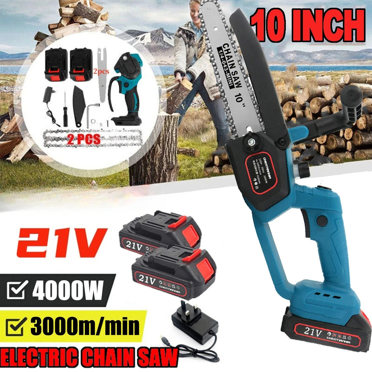 10 Inch Mini Cordless Chainsaw Brushless 1500W 2 Batteries Maximum 235mm Cutting for Wood Garden Branch Trimming