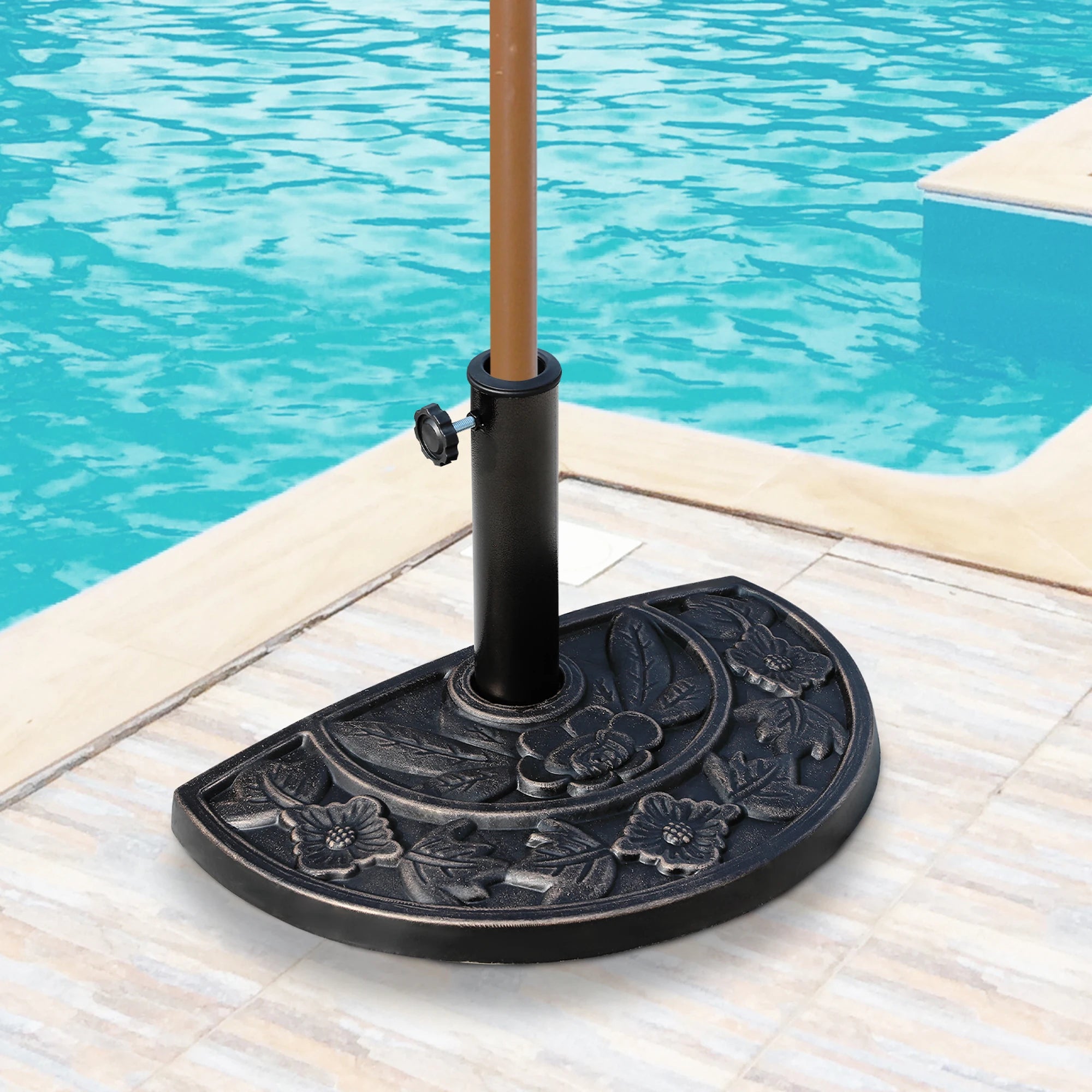 9kg Half Round Parasol Base Resin Floral Design Garden Umbrella Stand Fits 38mm and 48mm Poles Bronze Tone