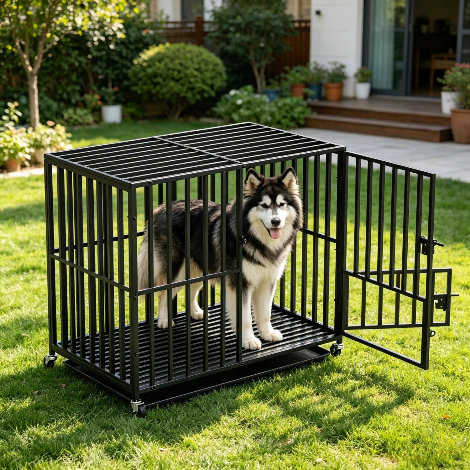 BINGOPAW Large Heavy Duty Dog Crate 95x57x81cm 4 Lockable Wheels 3 Doors Tray for Medium Large Dogs