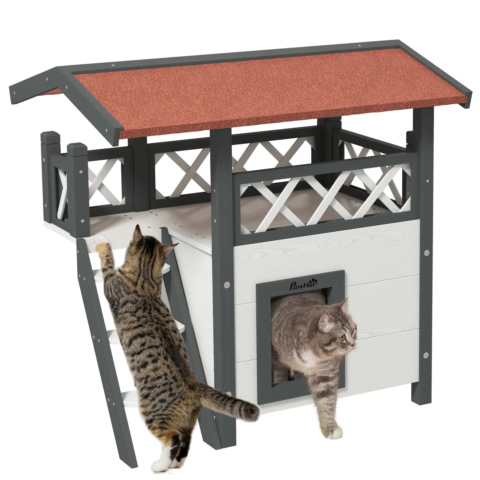Outdoor Cat House with Balcony Side Stairs and Asphalt Roof Elevated Wooden Cat Retreat for Cats under 4kg
