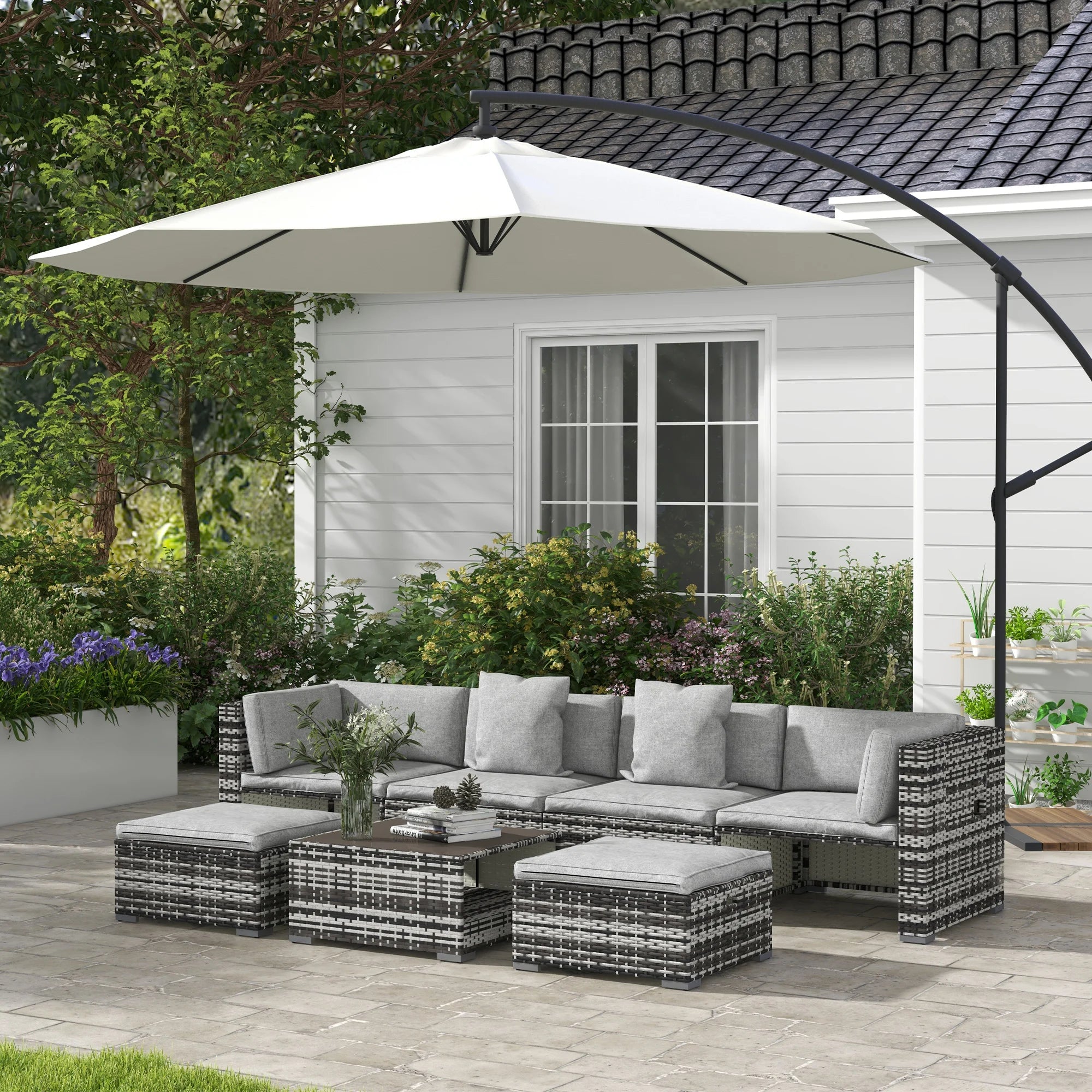 7-Piece PE Rattan Garden Sofa Set with Glass Coffee Table and Stools - Patio Furniture Set