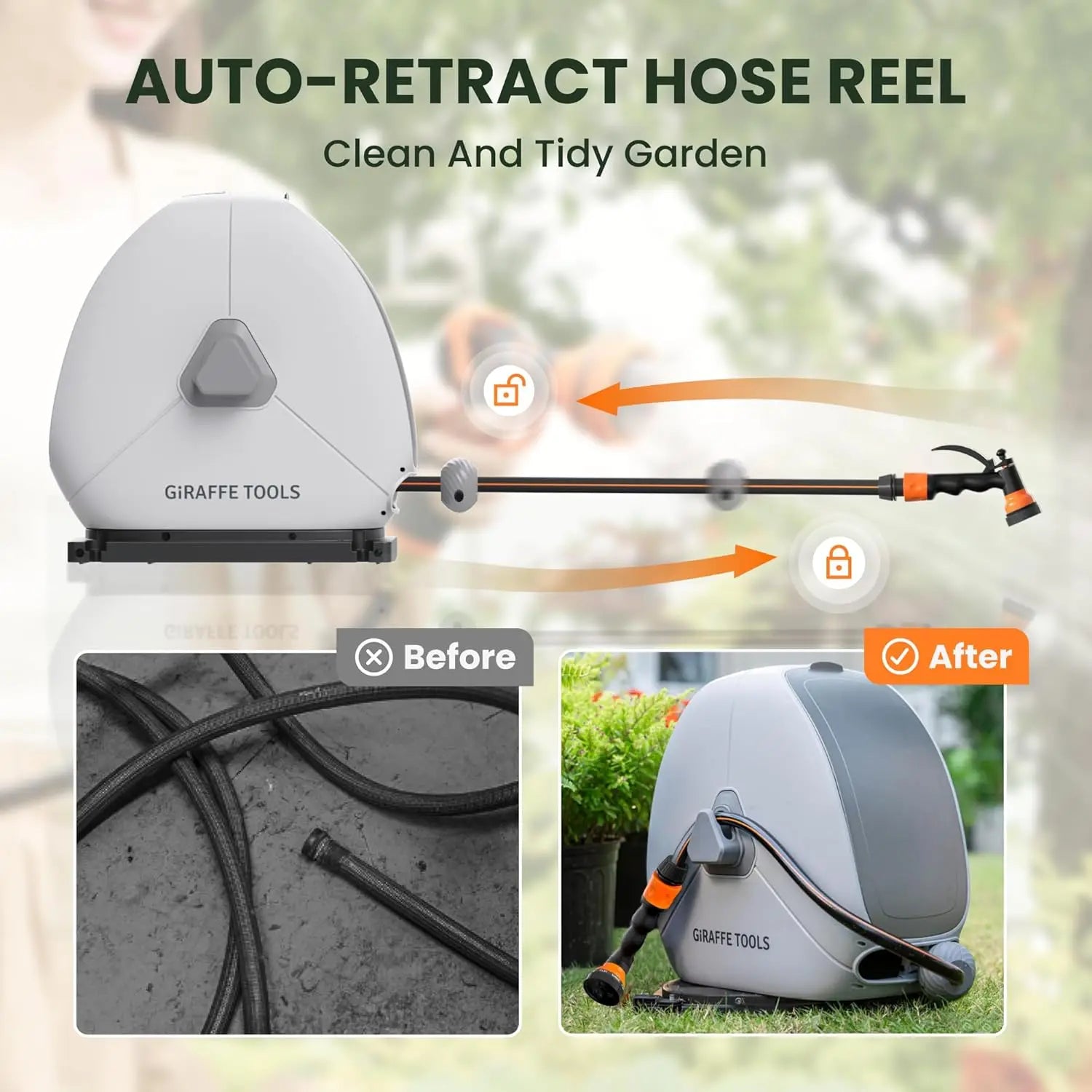 Ground Mounted Automatic Retractable Garden Hose Reel Heavy Duty Flexible Swivel for Lawn Patio