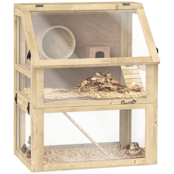 Wooden Hamster Cage, 3 Tier Gerbil Cage with Detachable 32cm Deep Bottom, Hut, Seesaw, Ramps, Natural Wood Finish