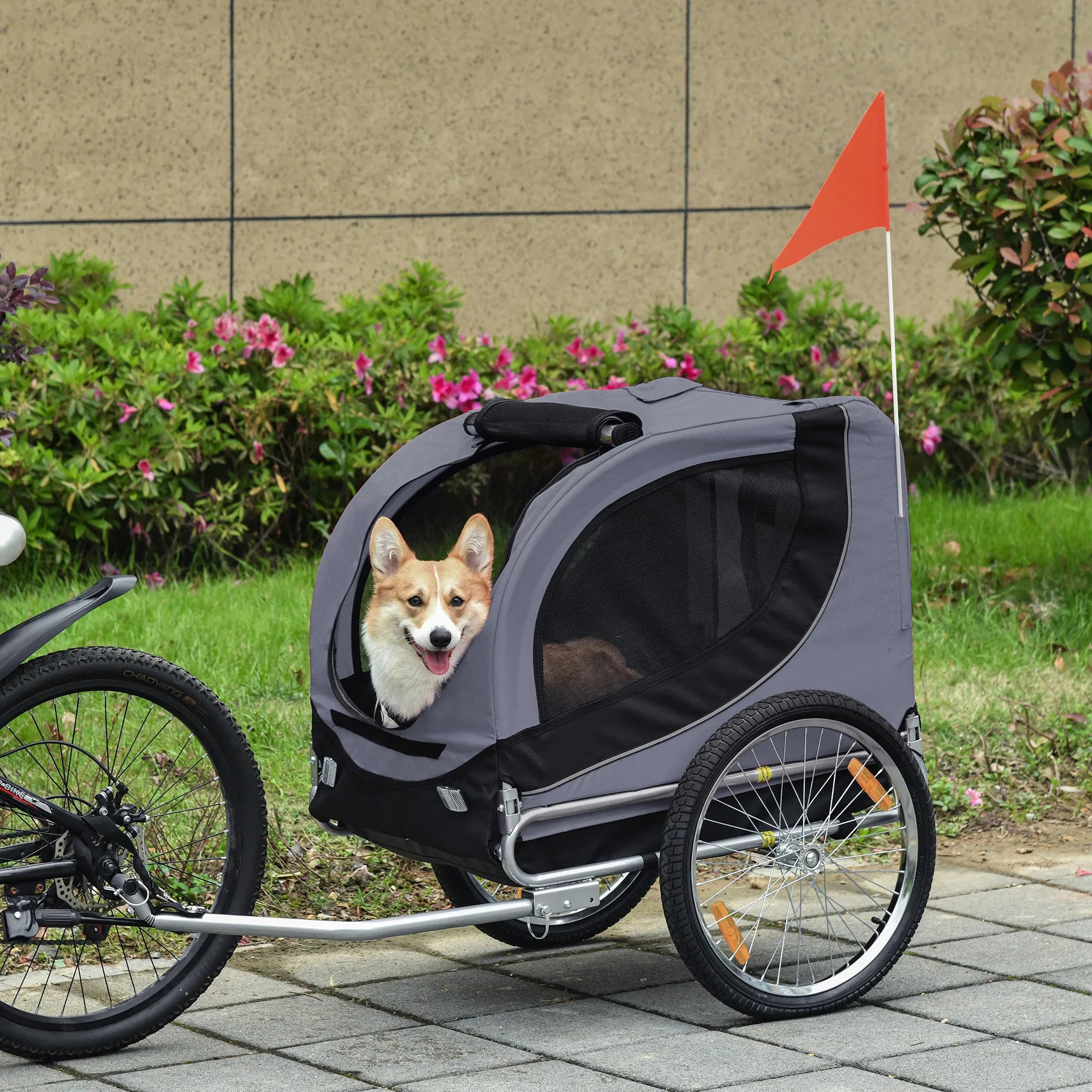 Pet Stroller Dog Bike Trailer Folding Bicycle Cargo Carrier with Mesh Windows Safety Anchor and Flag for Medium Dogs