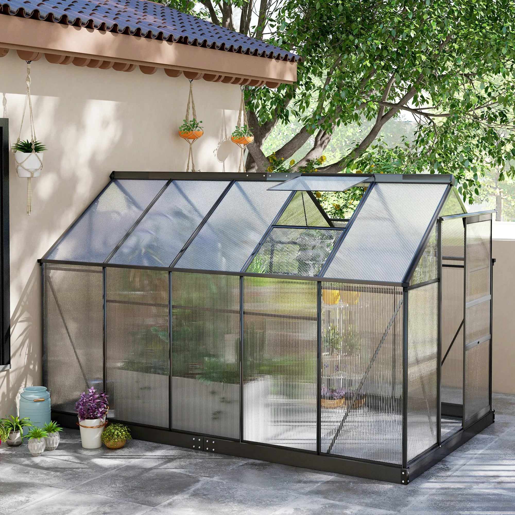 6 x 10ft Polycarbonate Walk-In Greenhouse with Sliding Door, Roof Ventilation and Aluminium Frame