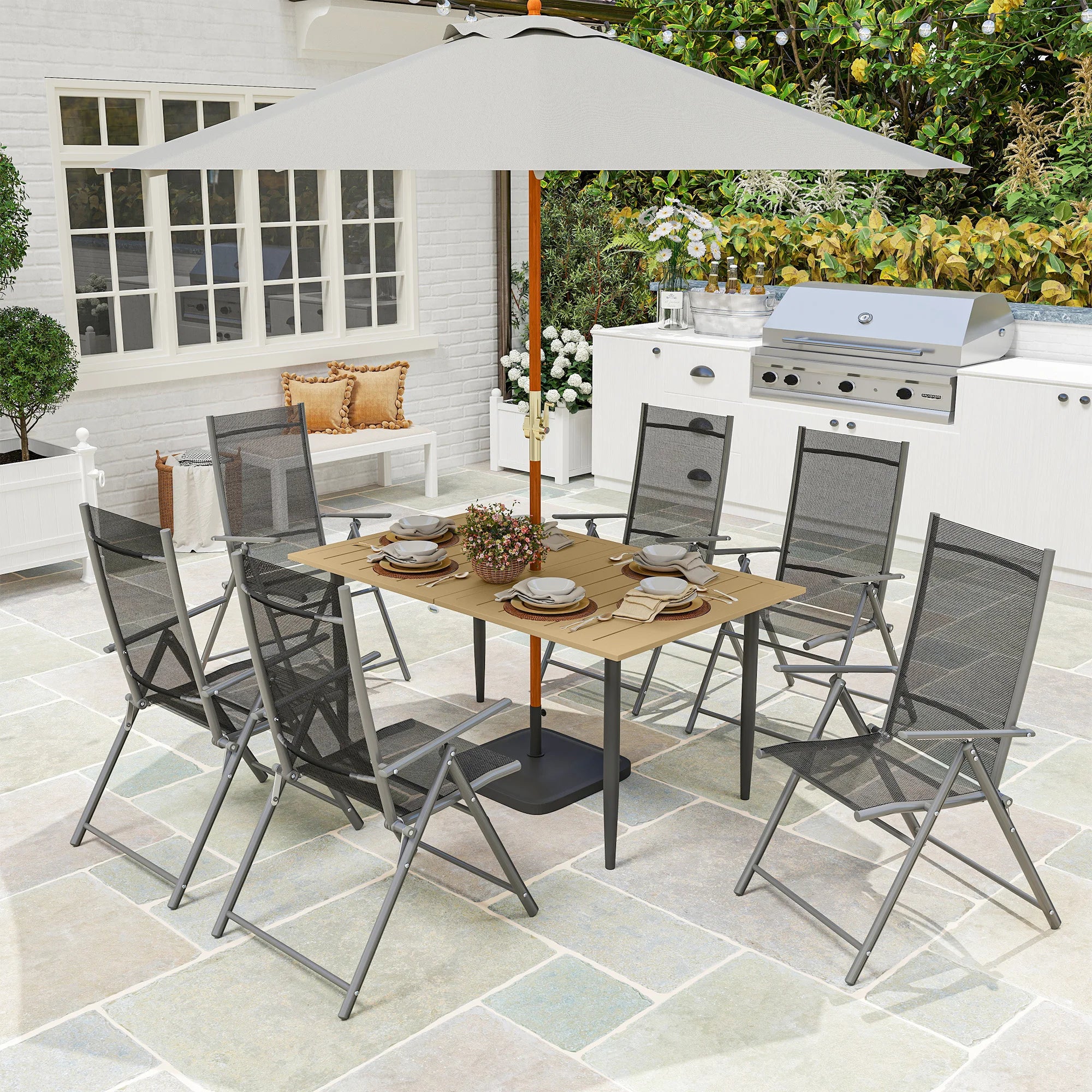 6-Seater Garden Dining Table with Parasol Hole and Slatted Design for Outdoor and Indoor Use