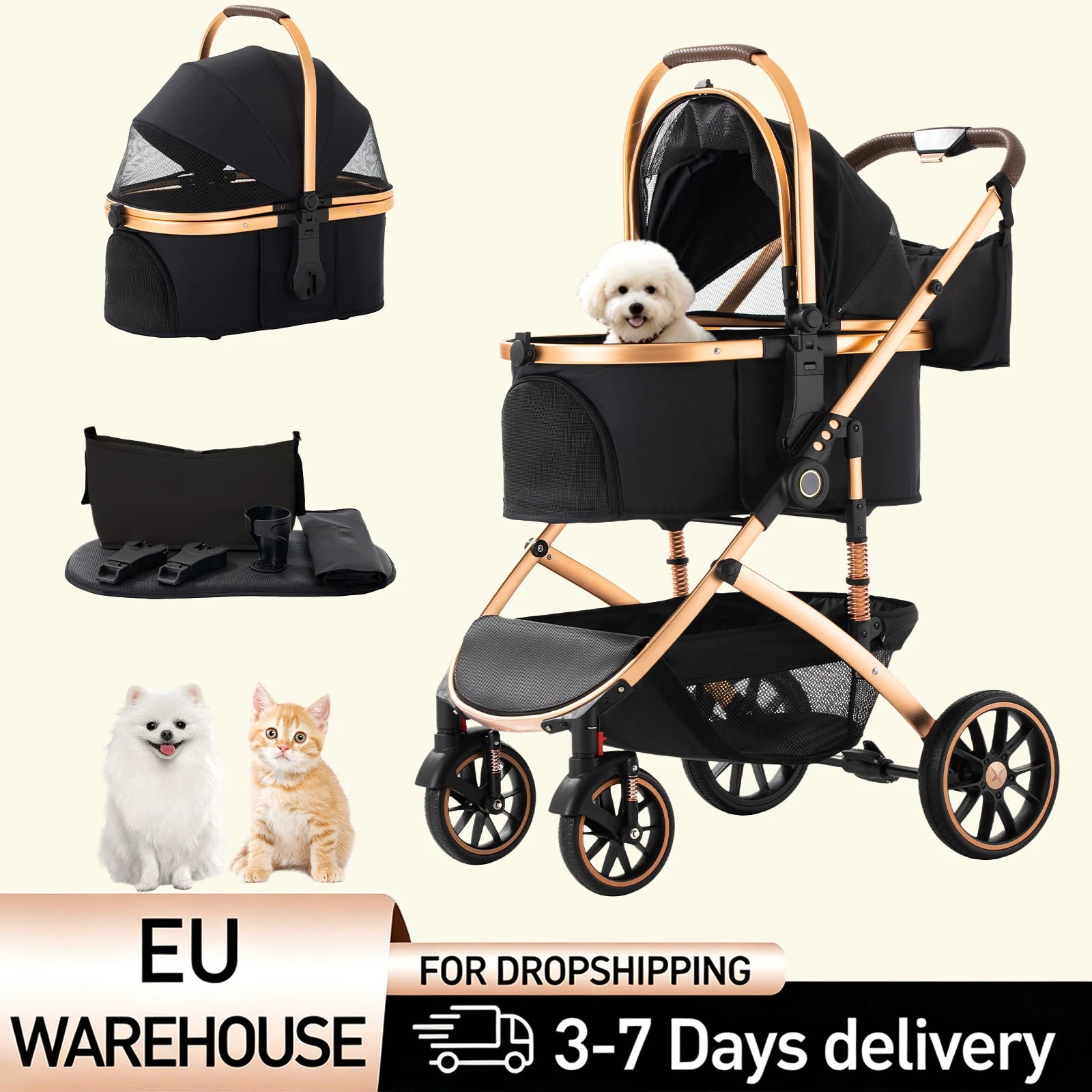 4 Wheel Pet Stroller 3-in-1 Convertible Removable Carrier Aluminium Frame for Small Medium Dogs Cats