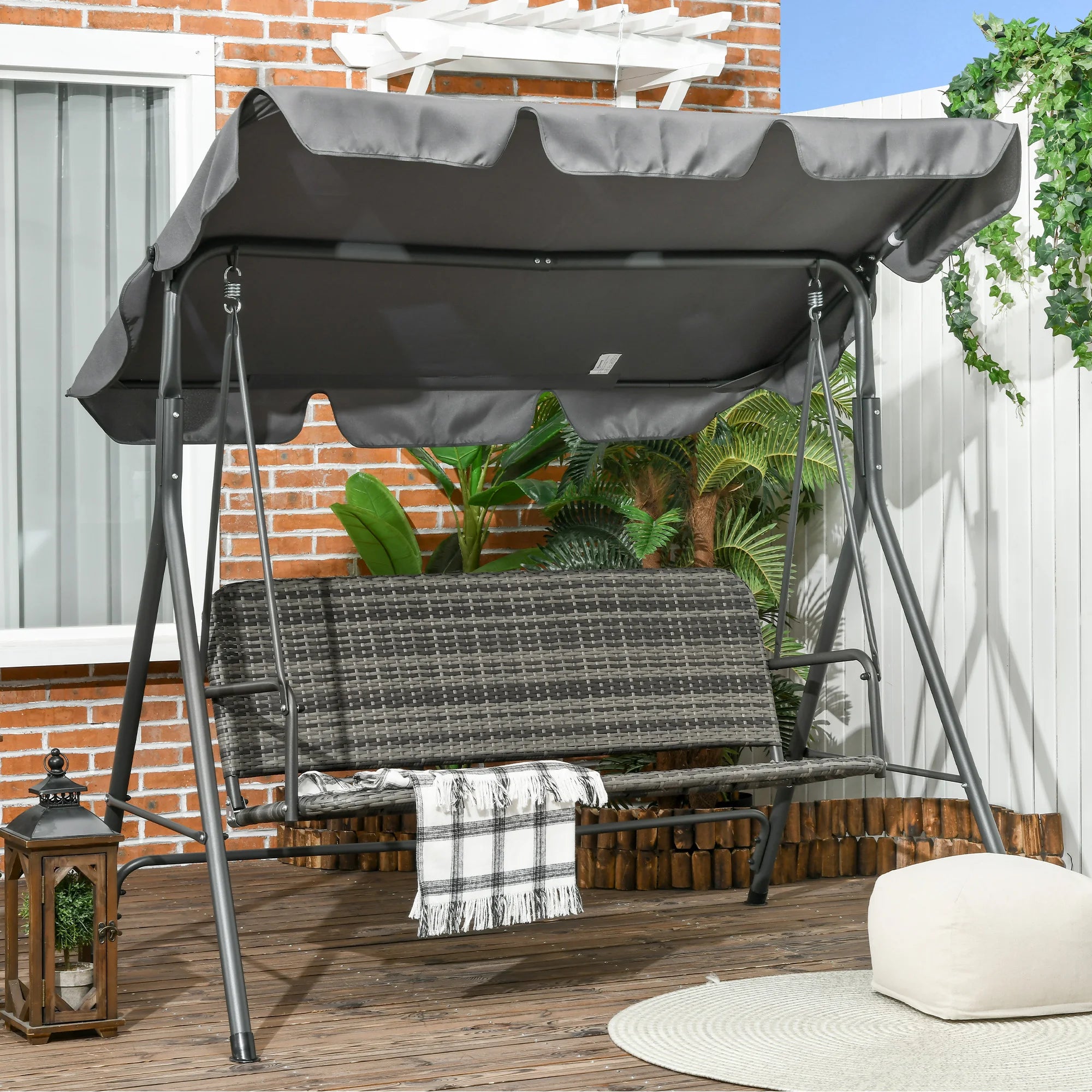 3-Seater PE Rattan Garden Swing Chair with Adjustable Canopy, Steel Frame Stand and Anti-Slip Feet