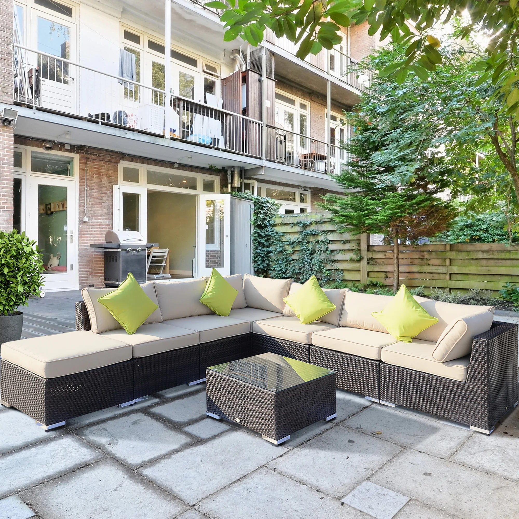 8-Piece Aluminium Rattan Corner Sofa Set with Glass Top Coffee Table, Cushions and Footstool