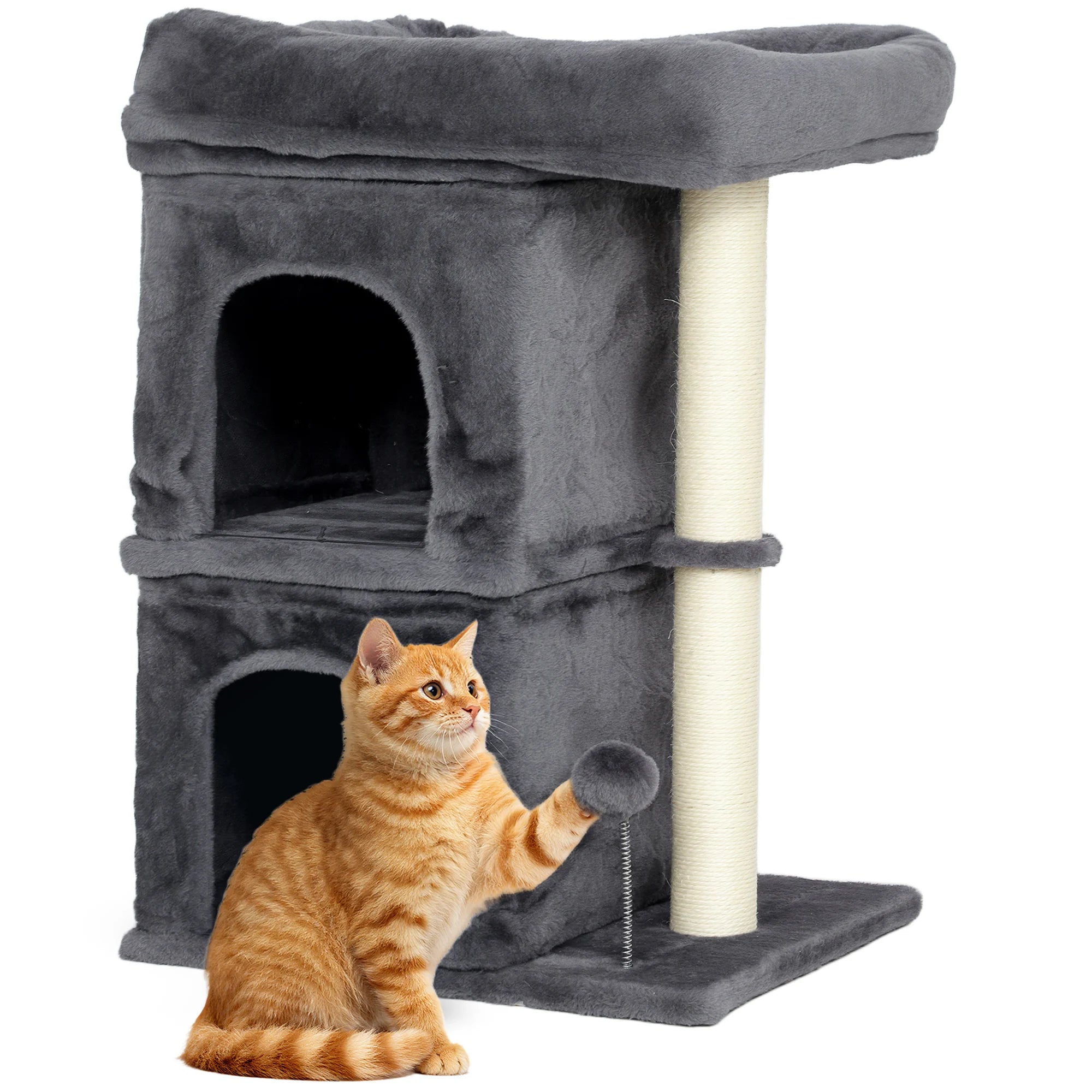 PawHut Small Cat Tree 66cm for Large Adult Cats up to 7kg Large Perch Two Condos