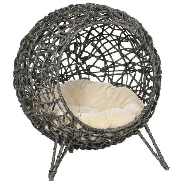 Elevated Rattan Cat House with Cushion Hand Woven PE Wicker Basket on 3 Metal Legs Large Entrance Grey