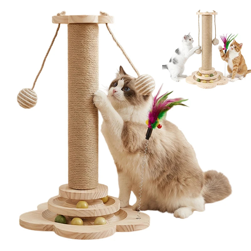 BRIEFNESS 46cm Wooden Cat Scratching Post Natural Sisal with Ball Toy Spring Feather Platform