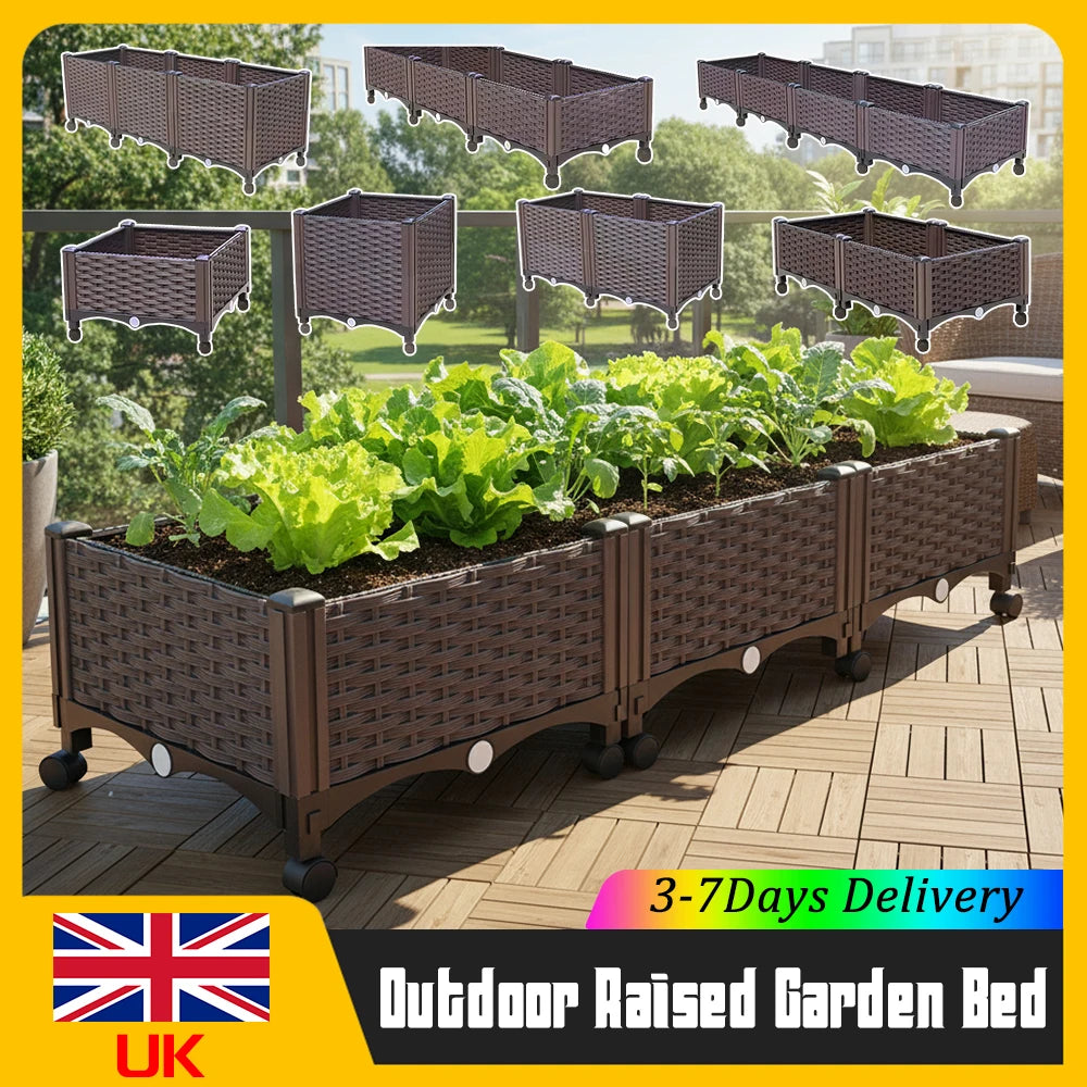 Elevated Raised Planter Box on Legs Rattan Effect Multiple Sizes Wheels Drainage for Vegetables Flowers Herbs