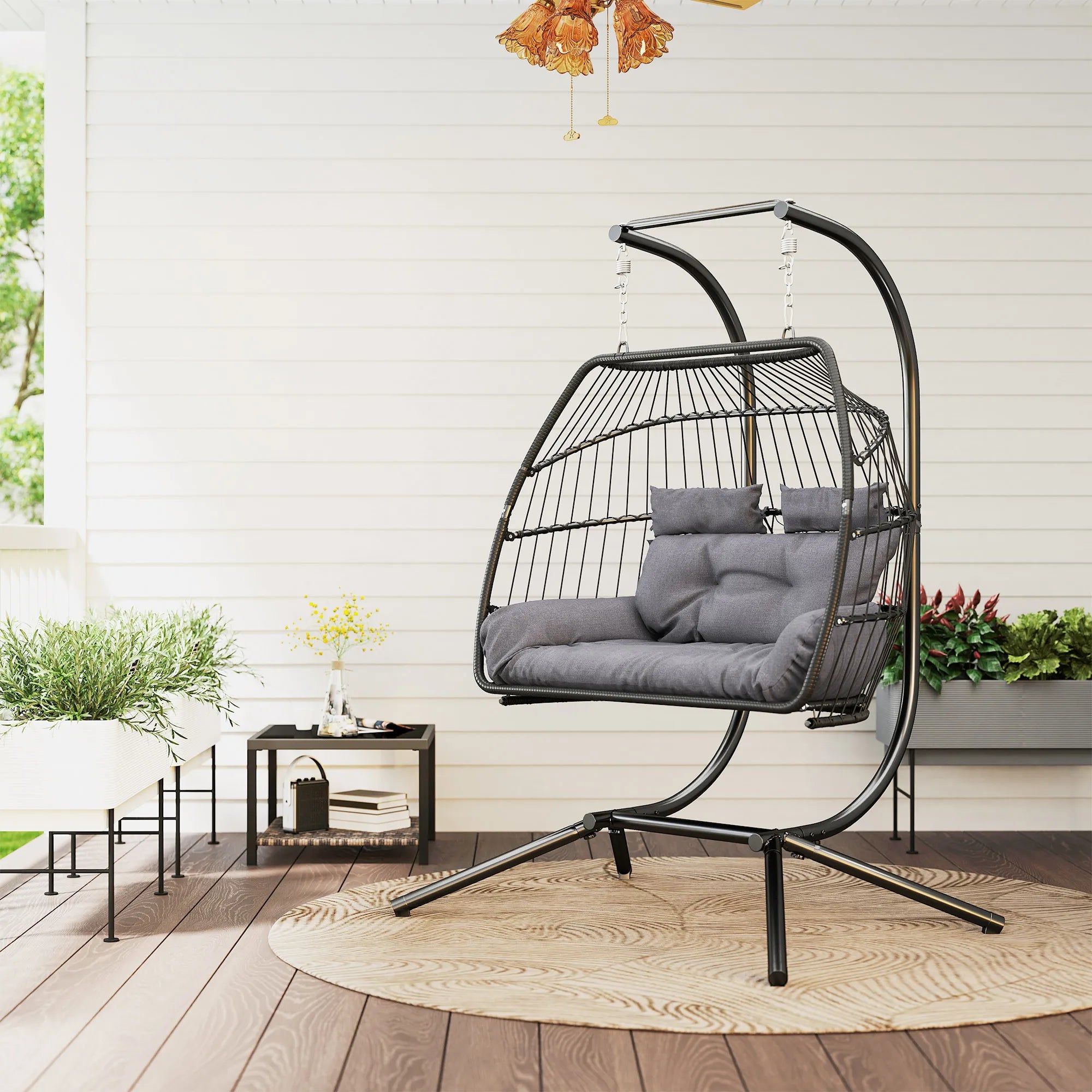 Double Rattan Hanging Egg Chair with Stand, Thick Cushion and Removable Headrests for 2 People