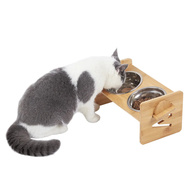 Elevated Dog Bowls with Bamboo Stand 4 Height Adjustable 2 x 380ml Stainless Steel Bowls 31x17x16cm