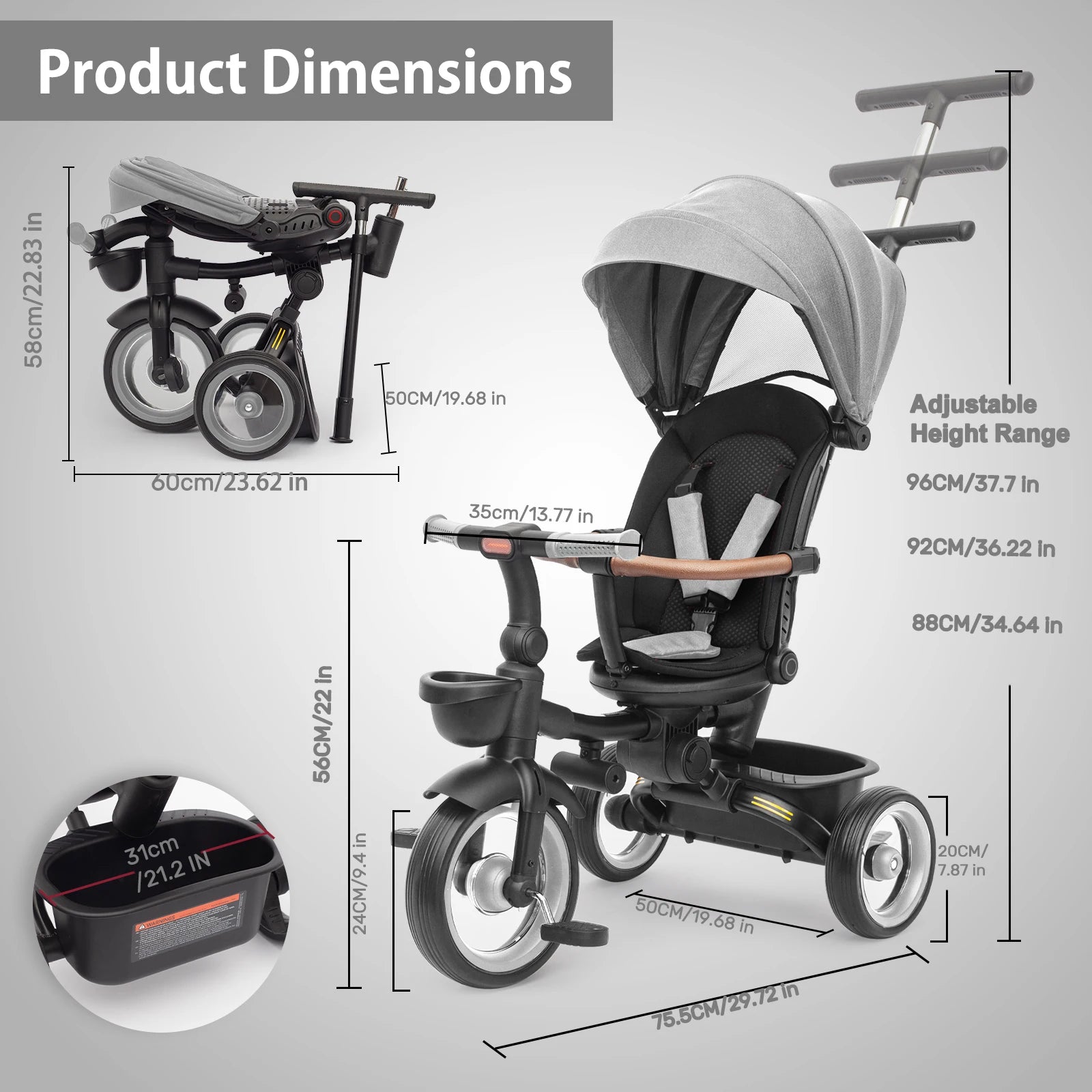 7 in 1 Foldable Baby Tricycle with Canopy Parent Handle Adjustable Kids Trike