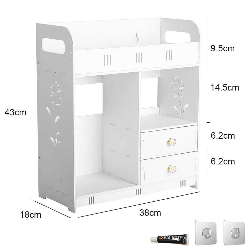 White Wall Mounted Bathroom Cabinet with Double Doors and 2 Drawers | 38x43x18cm Wooden Storage Cupboard