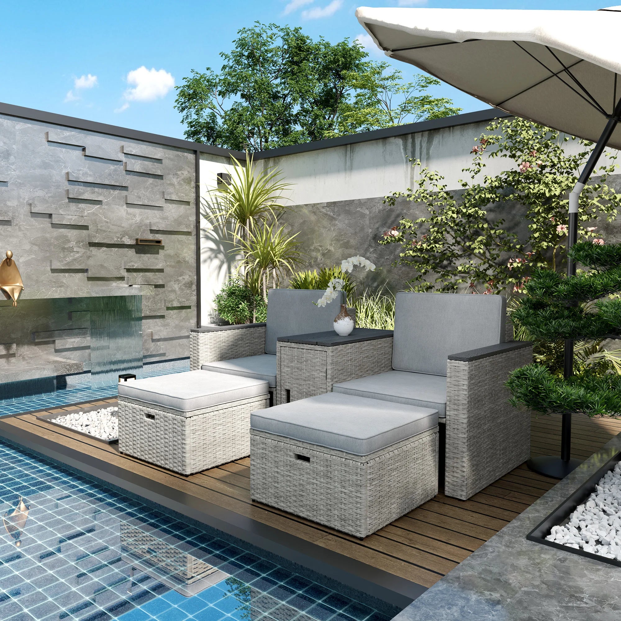 5 Piece Rattan Garden Furniture Set with 2 Chairs 2 Footstools and WPC Storage Table Outdoor Conversation Set