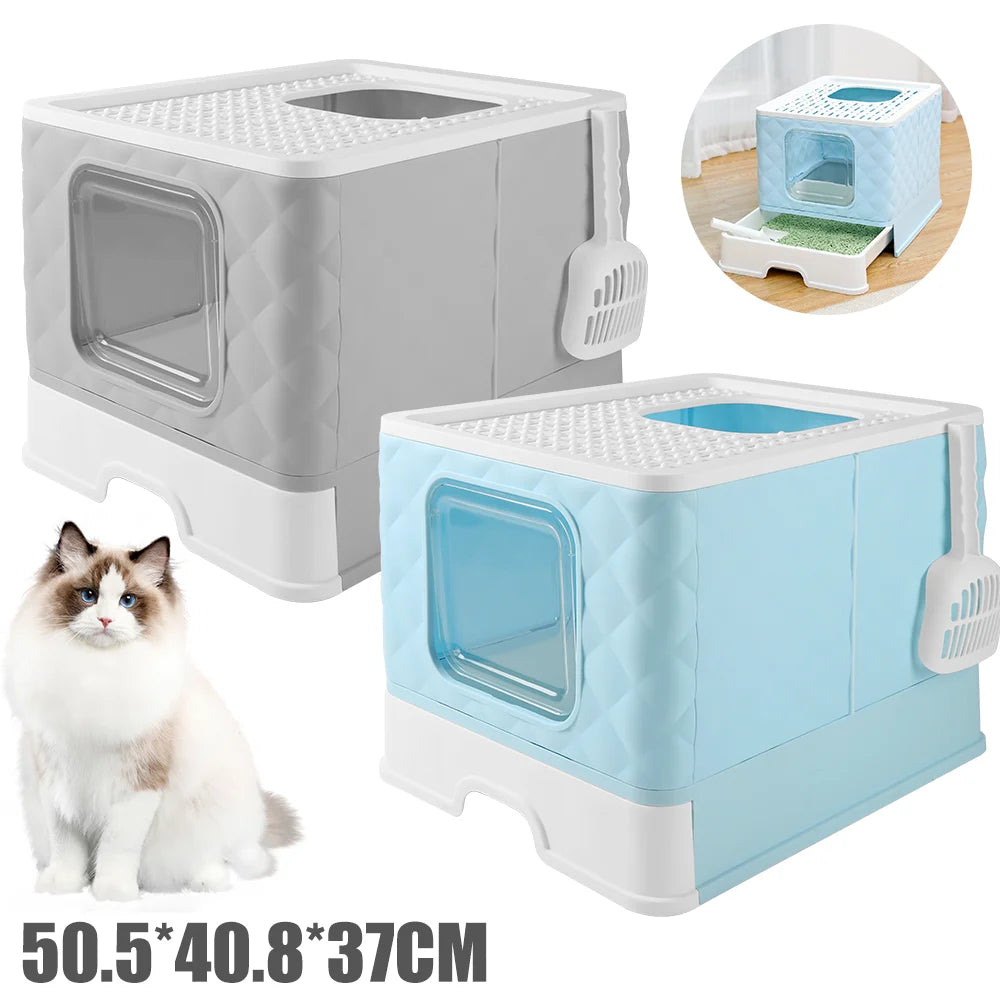 Foldable Enclosed Cat Litter Box 50.5x40.8x37cm Extra Large with Lid Scoop Grey Blue