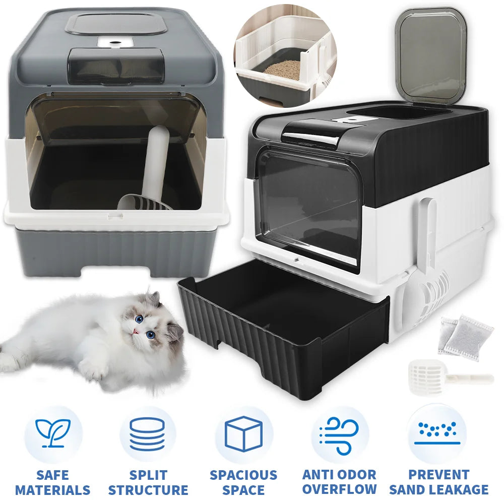 XLarge Self Cleaning Cat Litter Box 48x35x36cm Drawer Anti-Splash Enclosed Potty Tray UK