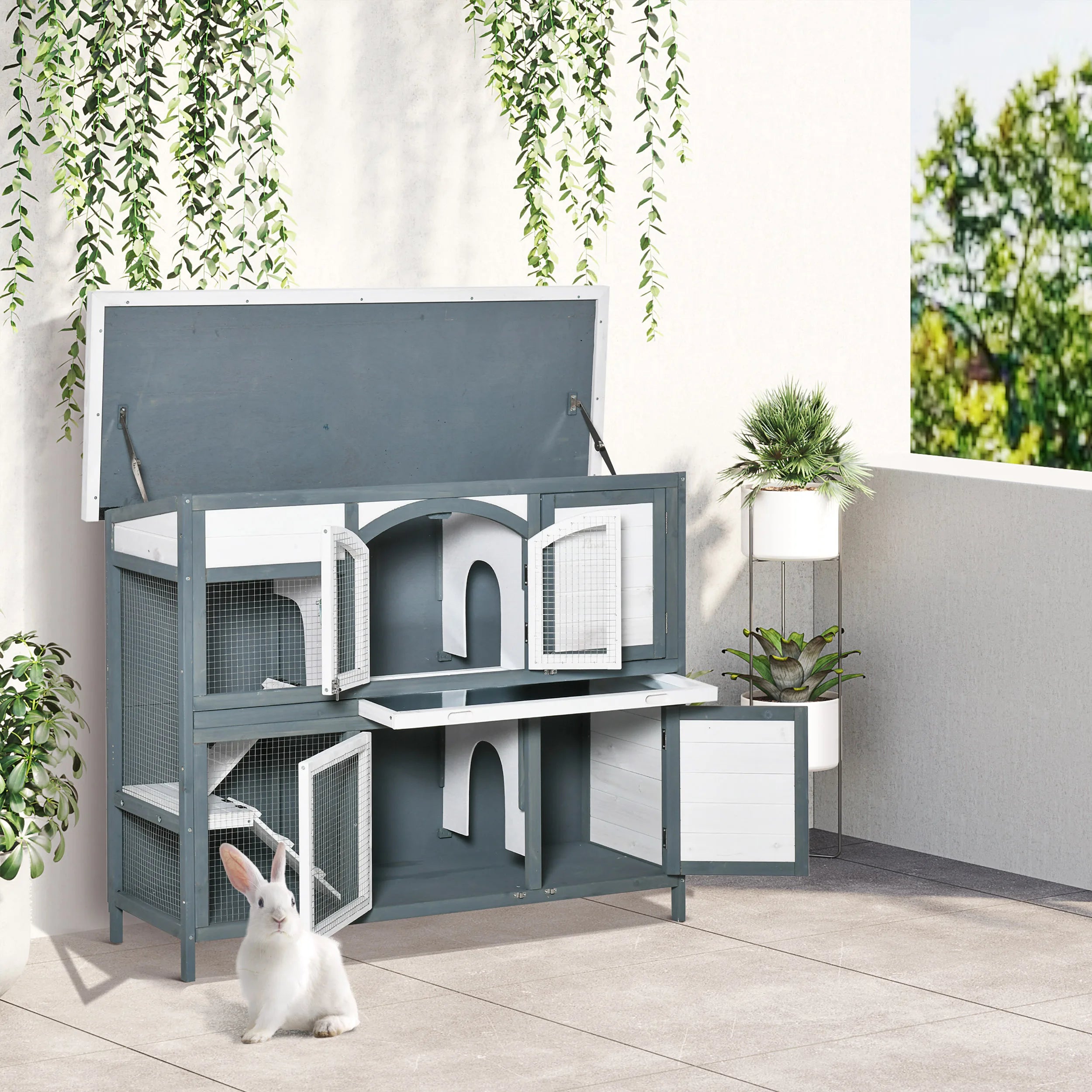 Two Tier Wooden Rabbit Hutch with Openable Roof Slide-Out Tray Two Ramps and Lockable Doors for 2 Rabbits