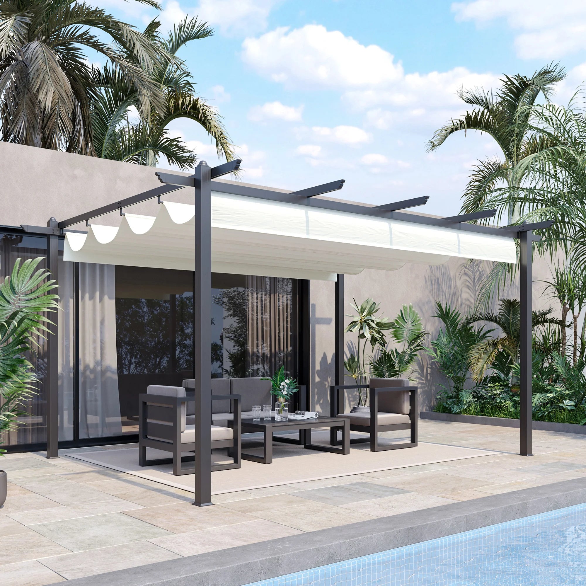 4 x 3m Aluminium Pergola with Retractable Canopy, Grommet Drainage Holes and 16 Ground Stakes