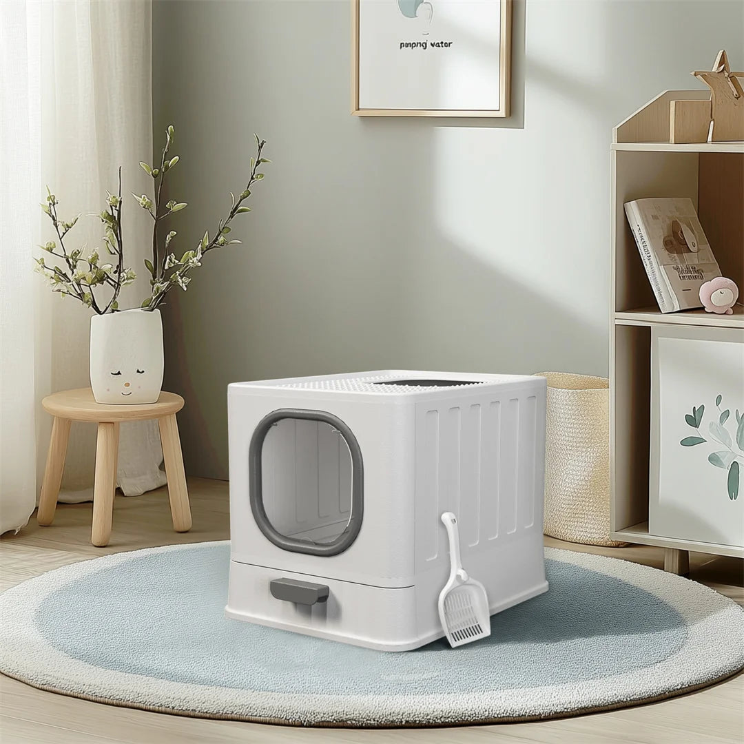 Enclosed Cat Litter Box with Drawer 48.3x35.8x38.8cm Front Top Doors Acrylic Window Lid Scoop White Grey
