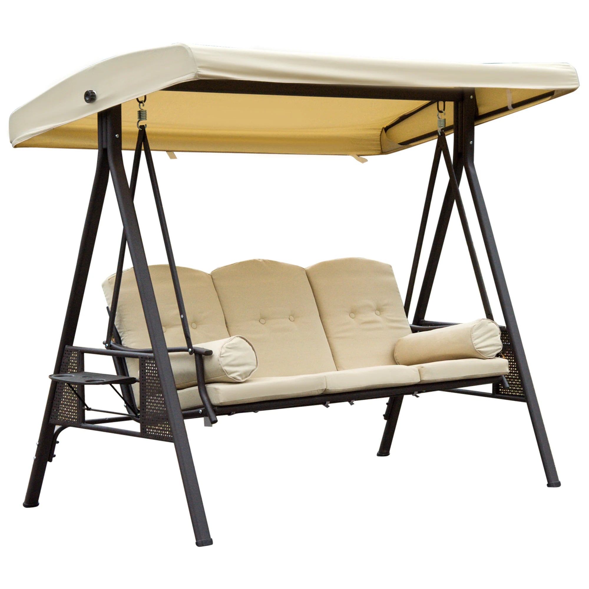 3 Seater Garden Swing Chair Outdoor Hammock Bench with Adjustable Canopy, Cushions and Cup Trays
