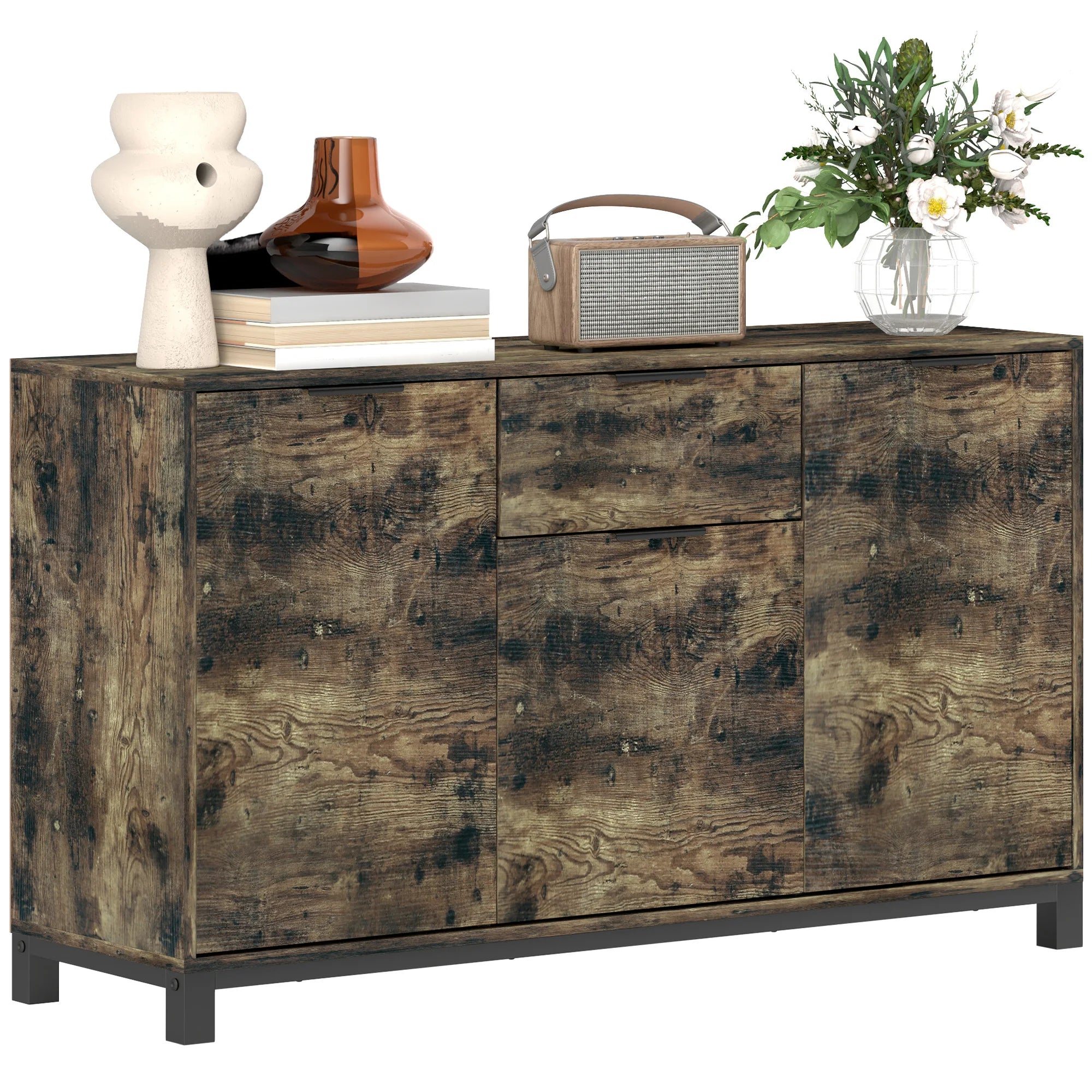 Industrial Sideboard Storage Cabinet with Drawer and Shelves Rustic Wood Design