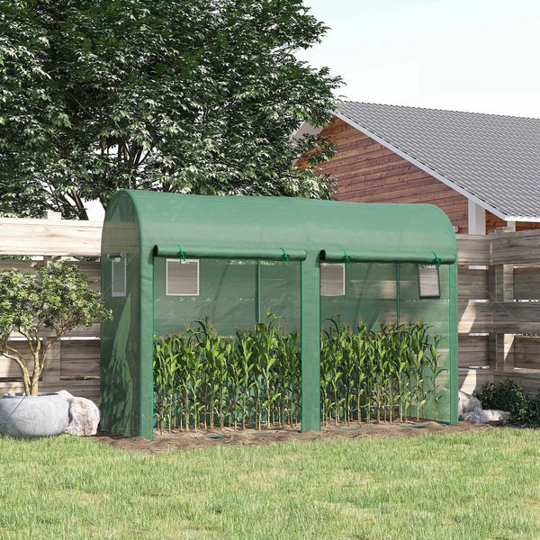 Tomato Greenhouse with 2 Roll-Up Doors and 4 Windows, 3 x 1 x 2m, Green