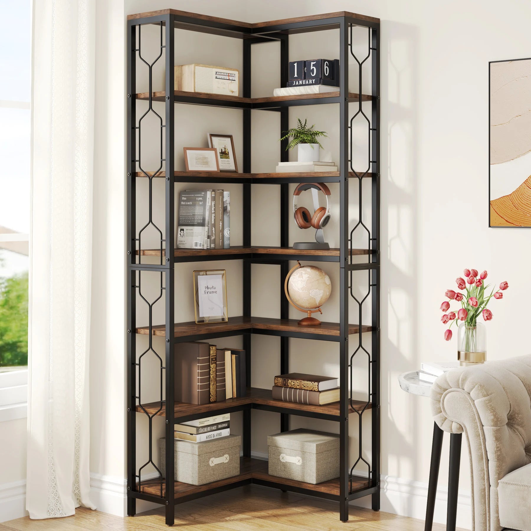 7-Tier Industrial Corner Bookshelf 200cm | Wood and Black Metal Etagere Corner Display Shelf