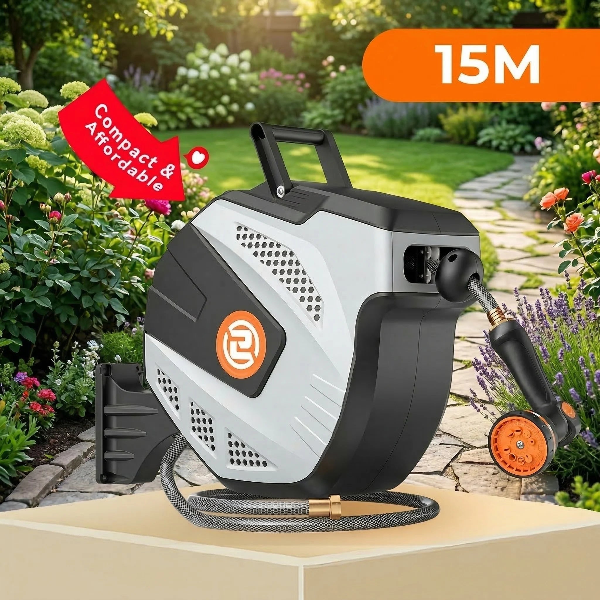Self Retracting Hose Reel 10-35m Wall Mount Automatic Rewind 10 Function Nozzle 180° Swivel for Garden Car