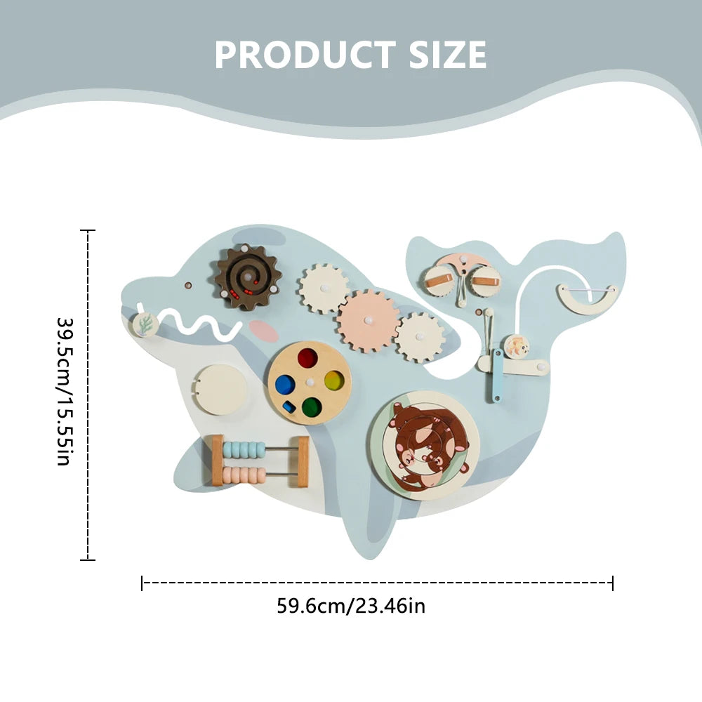 Dolphin Wooden Activity Wall Panel Educational Sensory Toy for Toddlers Montessori Learning Board for Kids Room and Nursery