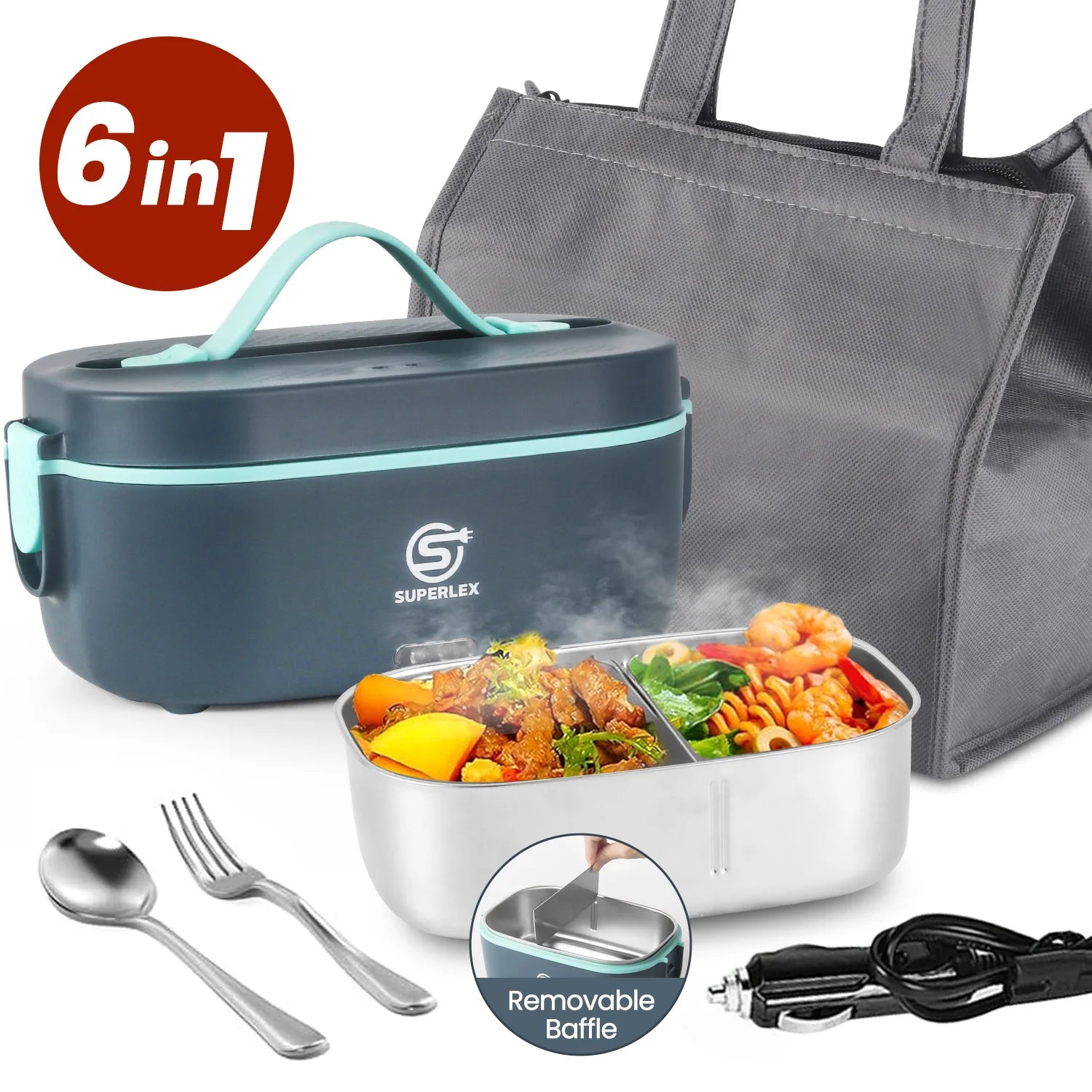 6-in-1 Electric Lunch Box 70W Heated Food Container with Leakproof Design Removable Stainless Steel Liner and Car and Home Charging