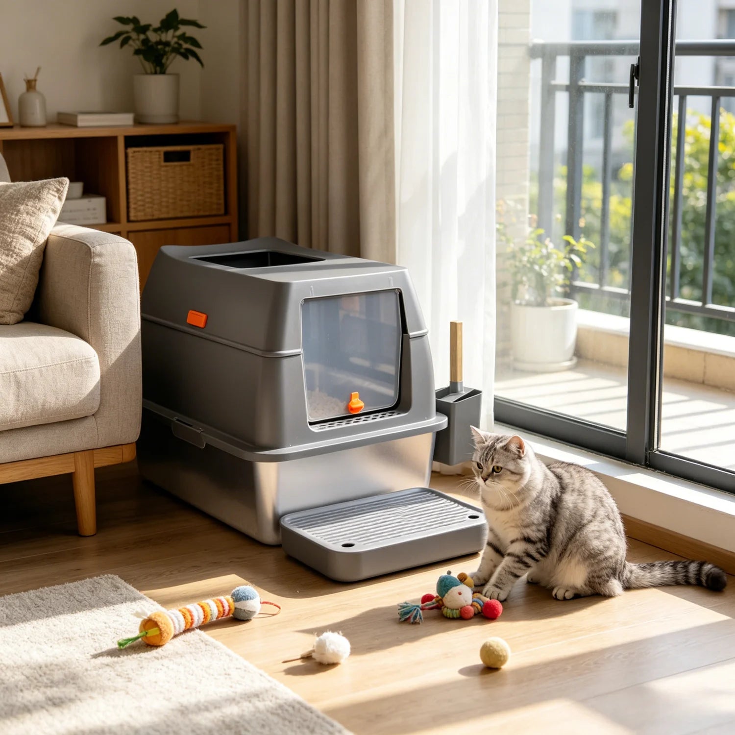 XL Enclosed Cat Litter Box, Stainless Steel Tray with High Wall Sides