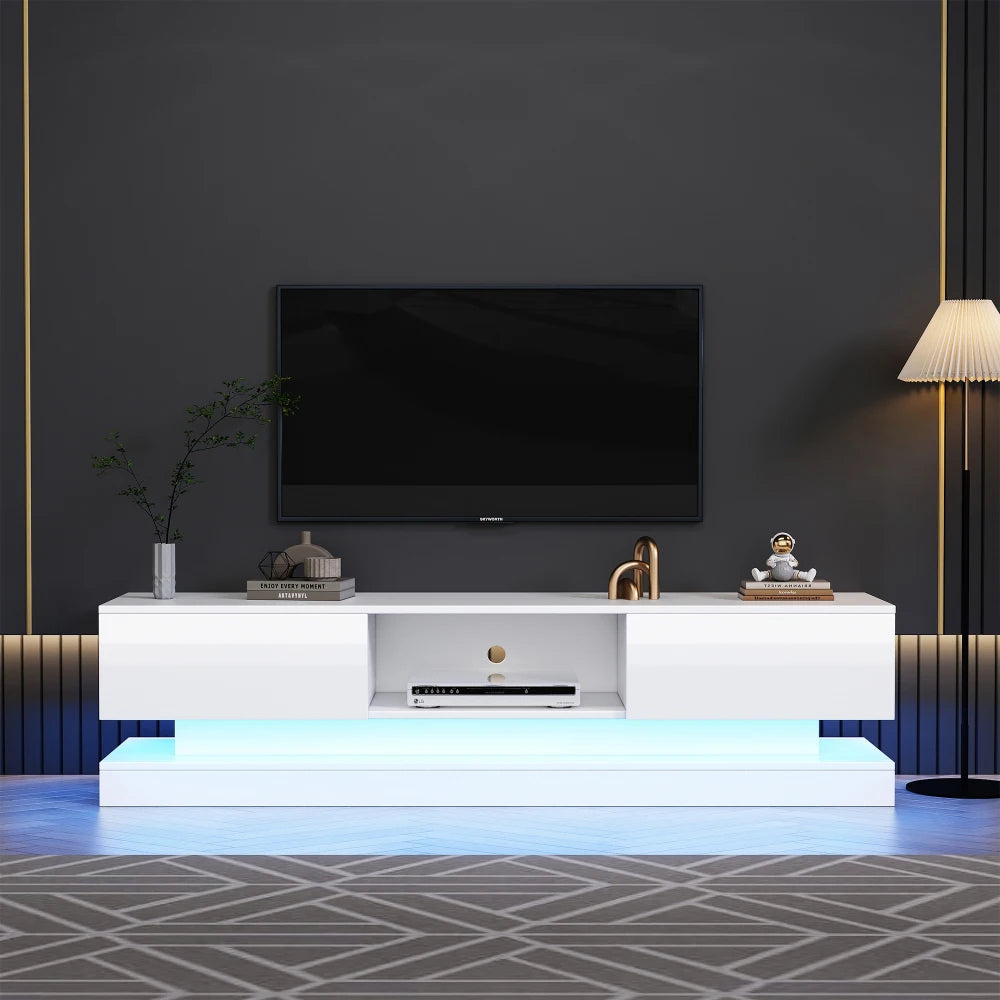 160cm White High Gloss RGB LED TV Stand with 2 Drawers | Fits 70 to 79 Inch TV