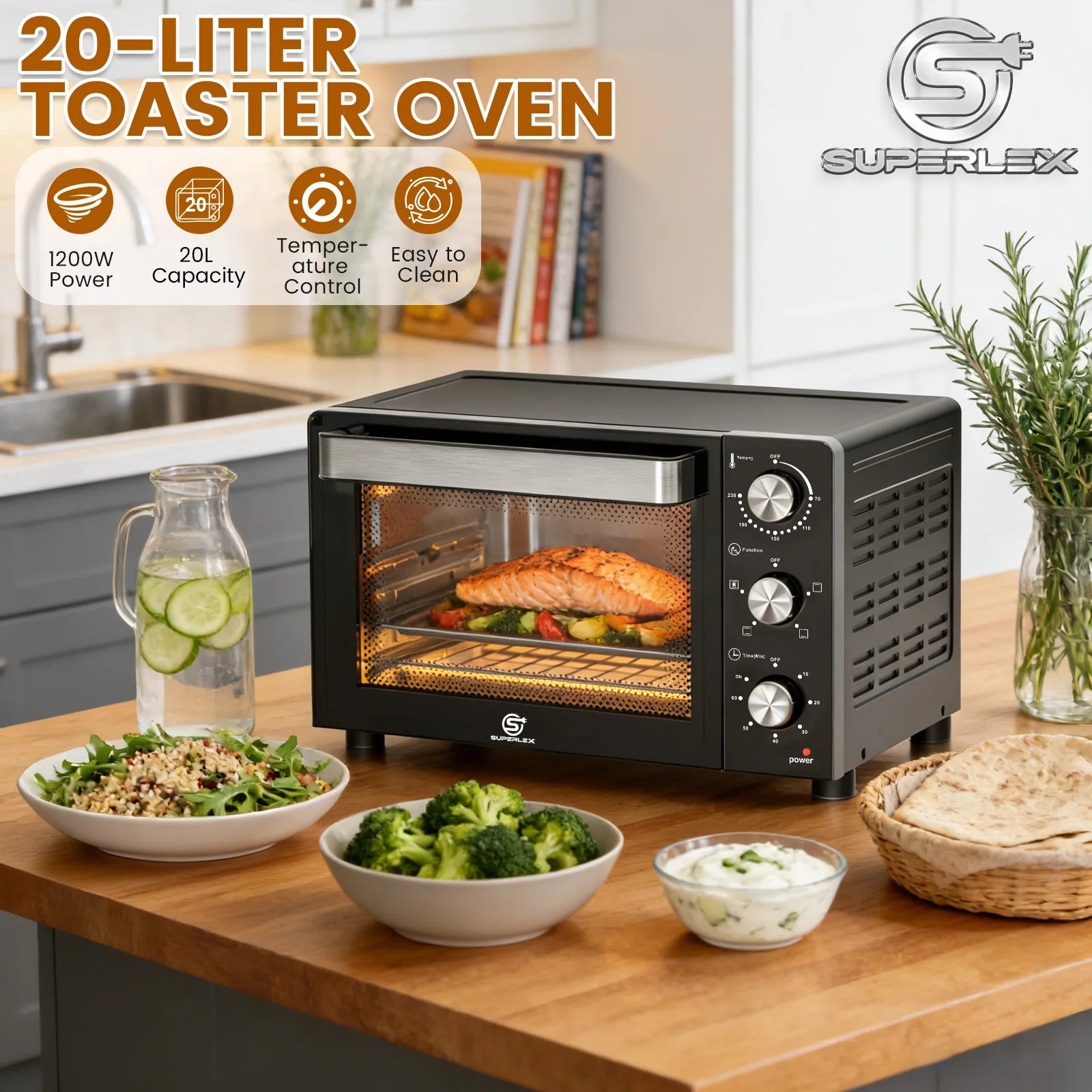 1200W Electric Toaster Oven 20L with 60 Minute Timer Temperature Control Convection and 6 Stage Heating for Home Baking
