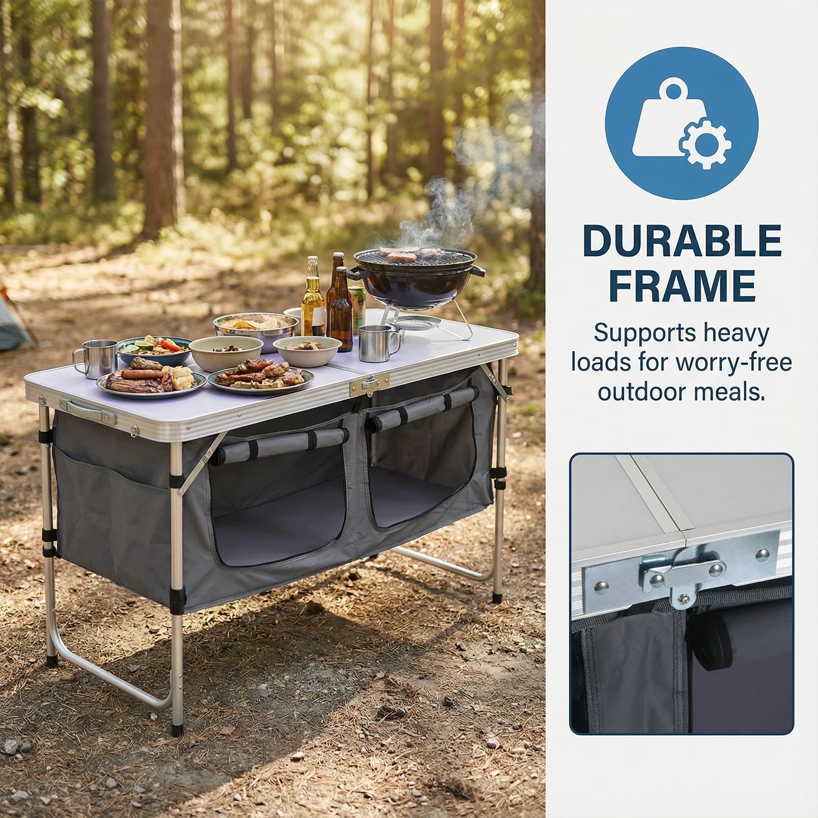 Portable Folding Rectangle Camping Table 3 Adjustable Heights Aluminium with Storage Organizer for Picnic Outdoor