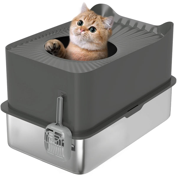 Enclosed Cat Litter Box with Top Entry, Dark Grey