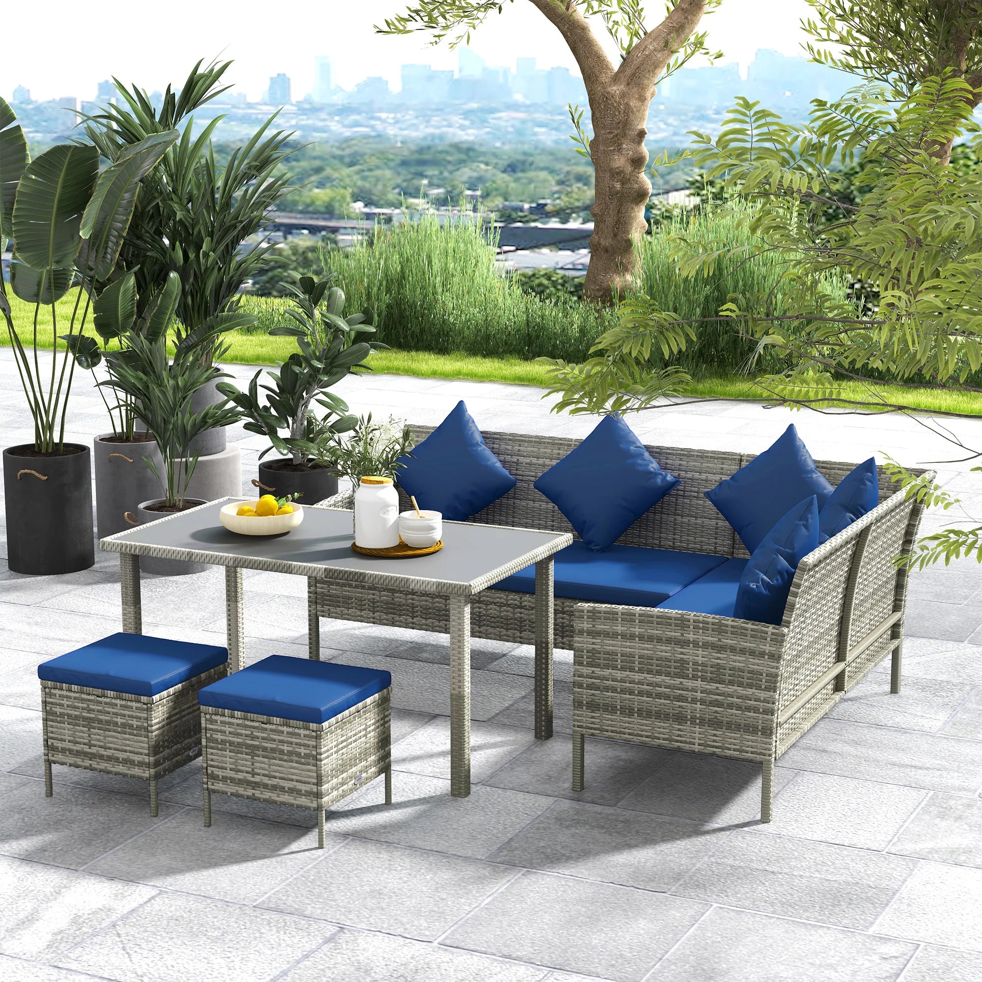 5 Piece Rattan Garden Furniture Set with Dining Table Cushions Sofa and Footstools for Outdoor Patio