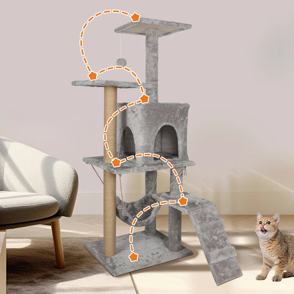 Kitten Cat Tree Tower Apartment 126cm with Staircase Bed Large Cat House Silver Grey
