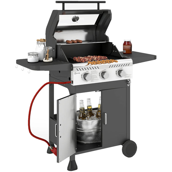 3 Burner Gas BBQ Trolley with See-Through Lid and Thermometer