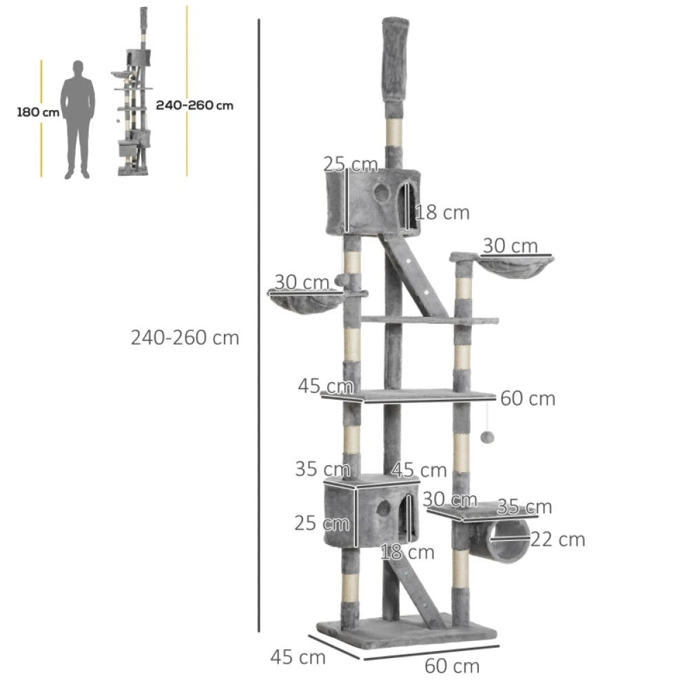 Floor to Ceiling Cat Tree 240-260cm Adjustable Height Light Grey Multi-Level for Indoor Cats